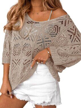🆕Women's Khaki Crochet Top Sleeve Off Shoulder Mesh Boho Beach  Cover Up